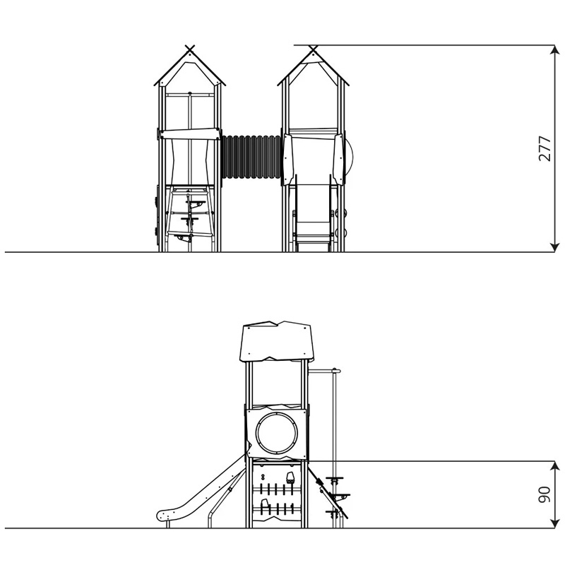Spielturm mit Kriechtunnel, Kletterelementen und Rutsche